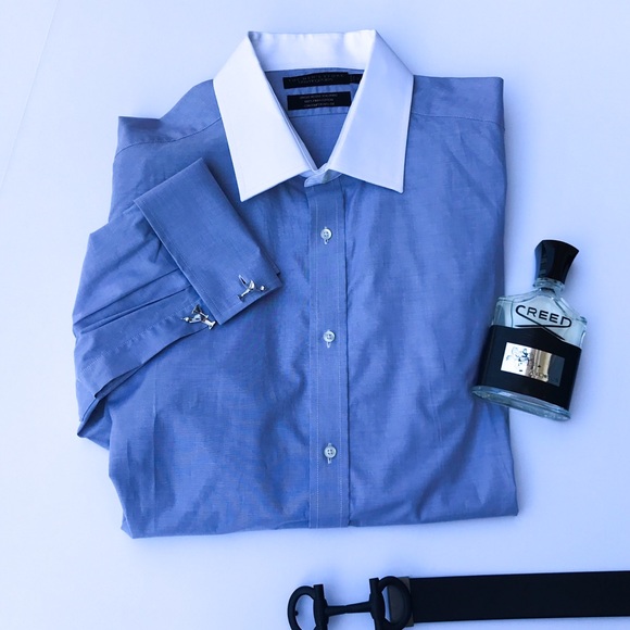 mens blue dress shirt with white collar
